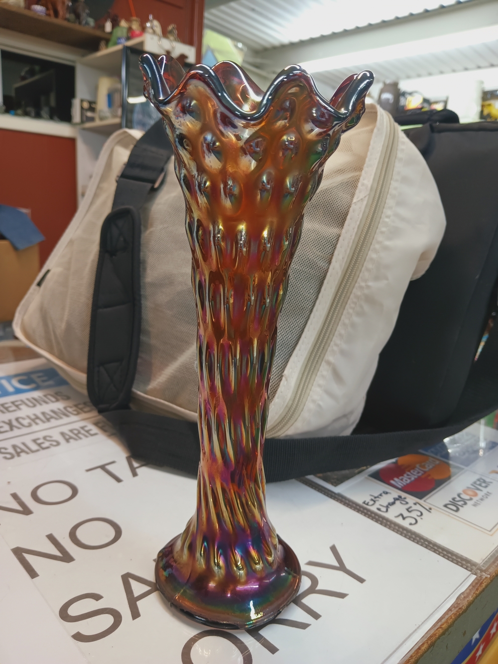 Iridescent Carnival Glass Bud Vase - Rainbow Amber